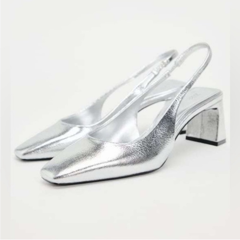Zara Metallic Silver Slingback Heels